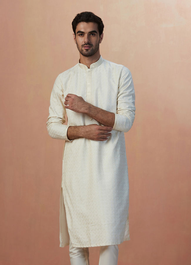 Sesame White Self Embroidered Kurta Pajama image number 1